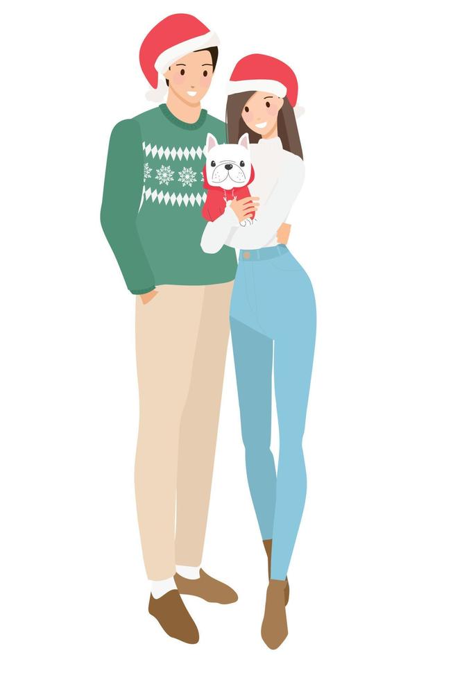 mignon jeune couple heureux en costume de chandail de noël avec illustration vectorielle de chien style plat vecteur