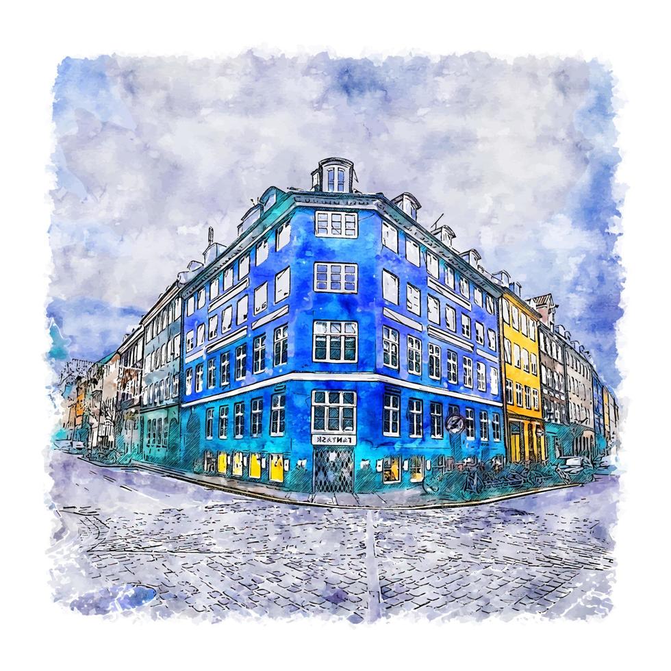 copenhague danemark croquis aquarelle illustration dessinée à la main vecteur