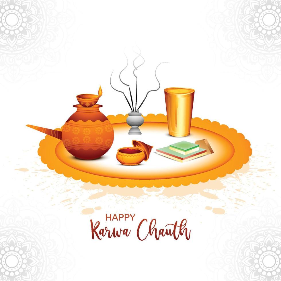 heureux karwa chauth avec puja thali décoré de fond de carte de voeux vecteur