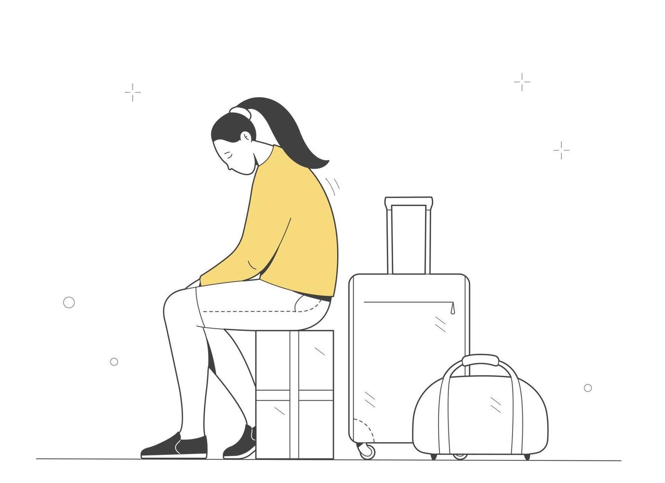 une femme triste est assise sur ses bagages en attendant un train, un avion ou un bateau à vapeur. notion de déménagement. vecteur