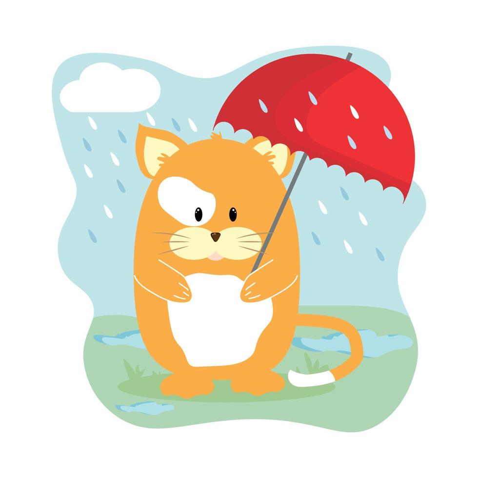 chat rond avec parapluie gouttes de pluie rouges illustrations pour enfants impression de carte postale vecteur