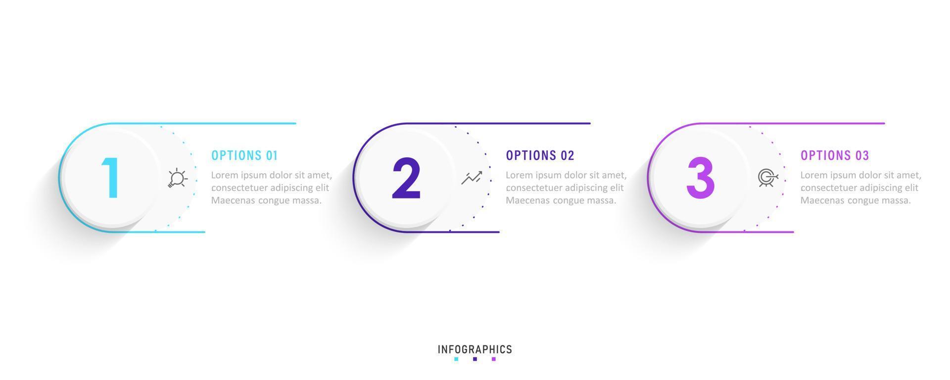 modèle de conception d'étiquettes infographiques vectorielles avec icônes et 3 options ou étapes. peut être utilisé pour le diagramme de processus, les présentations, la mise en page du flux de travail, la bannière, l'organigramme, le graphique d'informations. vecteur