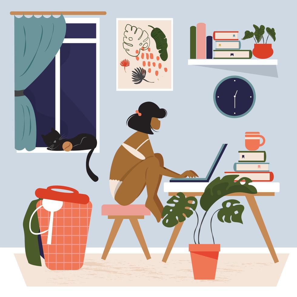 conception de concept de travail à domicile. femme travaillant à son bureau à la maison portant uniquement des sous-vêtements. travailleuse indépendante occupée à son bureau à domicile. vie indépendante. illustration vectorielle de dessin animé plat vecteur