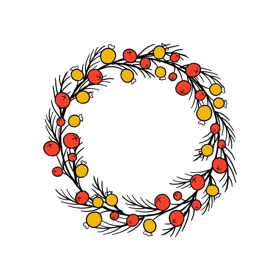 couronne d'hiver avec des baies rouges et jaunes et des brindilles de pin. illustration vectorielle dessinée à la main de style doodle. conception mignonne pour les invitations de vacances, affiche, bannière, carte. vecteur