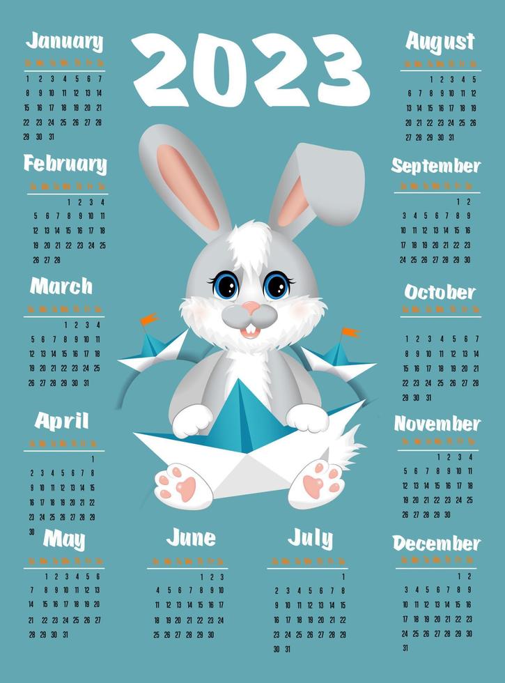 calendrier 2023 avec symbole de l'année lièvre ou lapin. mignon petit lièvre ou lapin en style cartoon. la semaine commence le dimanche. vecteur