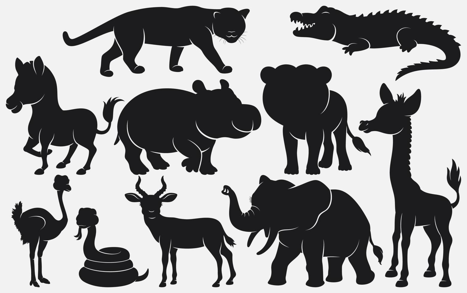 ensemble de silhouettes noires dessin animé d'animaux sauvages sur fond blanc vecteur