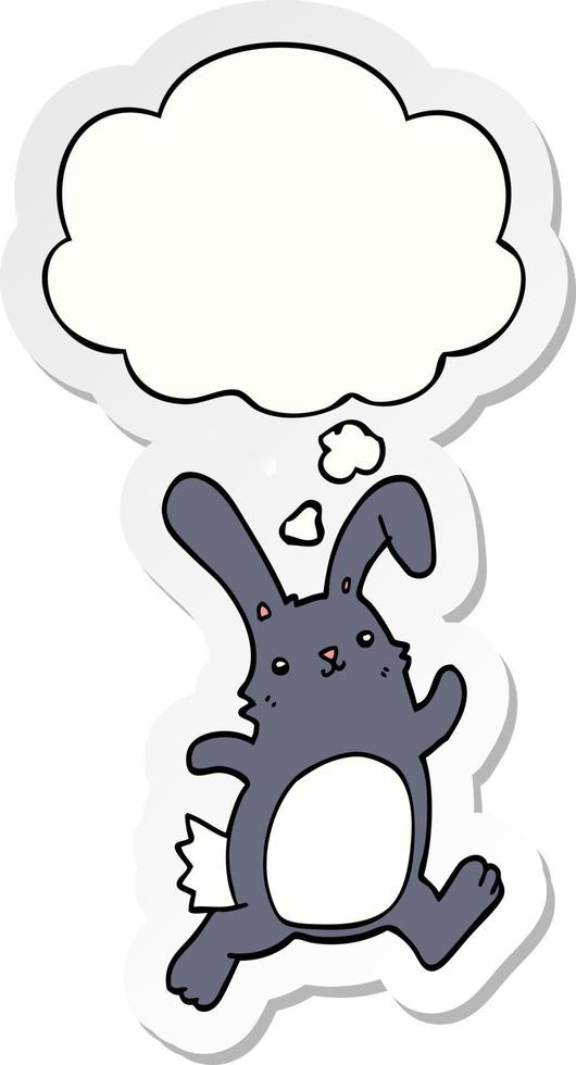 dessin animé lapin en cours d'exécution et bulle de pensée sous forme d'autocollant imprimé vecteur