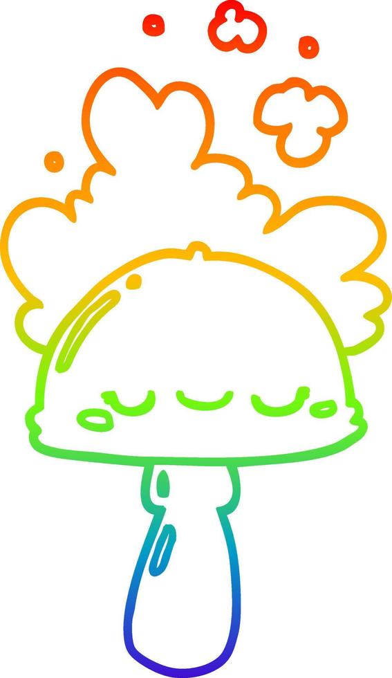 ligne de gradient arc-en-ciel dessinant un champignon de dessin animé avec un nuage de spores vecteur