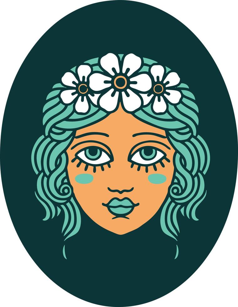 image emblématique de style tatouage d'une jeune fille avec des fleurs dans les cheveux vecteur