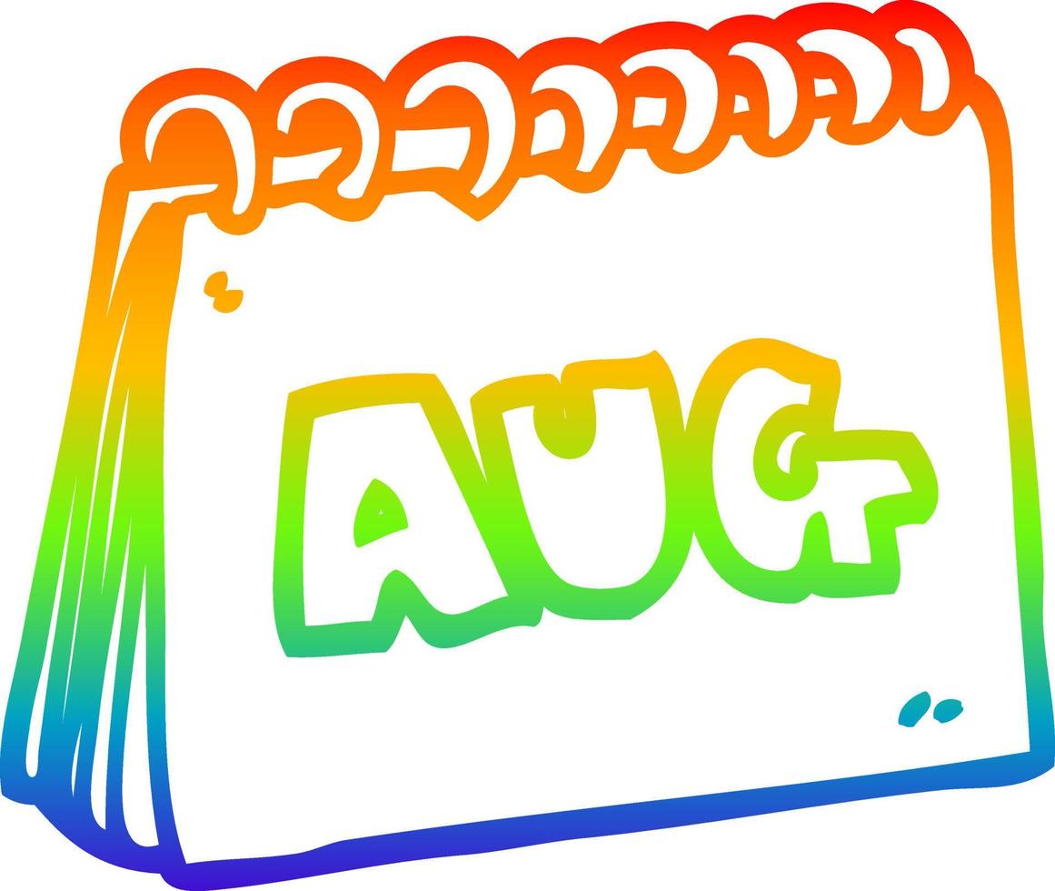 calendrier de dessin animé de dessin de ligne de gradient arc-en-ciel montrant le mois d'août vecteur