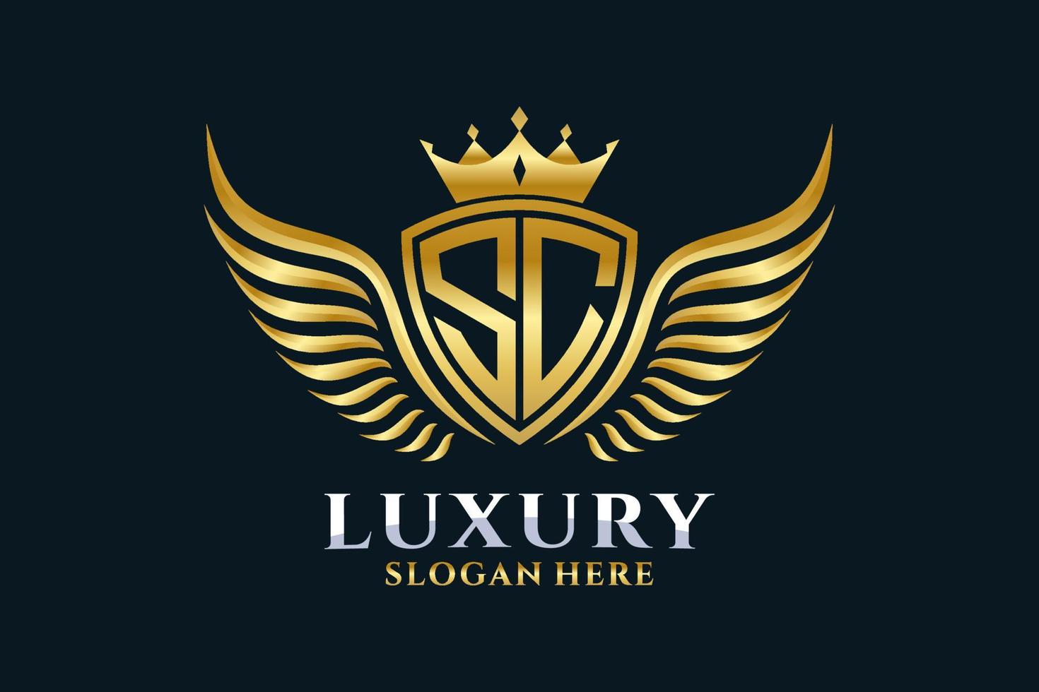 lettre d'aile royale de luxe sc crête or couleur logo vecteur, logo de victoire, logo de crête, logo d'aile, modèle de logo vectoriel. vecteur