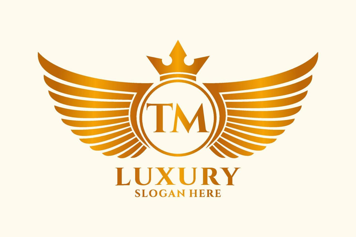 lettre d'aile royale de luxe tm crête vecteur de logo couleur or, logo de victoire, logo de crête, logo d'aile, modèle de logo vectoriel.