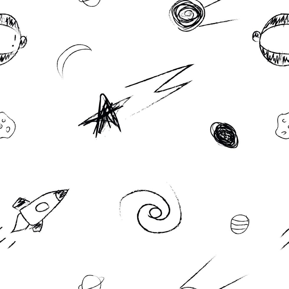 doodle modèle sans couture cosmique dans un style enfantin. éléments spatiaux abstraits dessinés à la main. noir et blanc vecteur