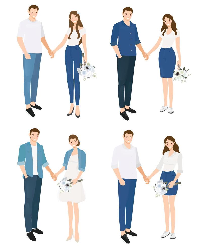 couple de mariage en costume de jeans décontractés tenant par la main illustration de vecteurs eps10 collection vecteur