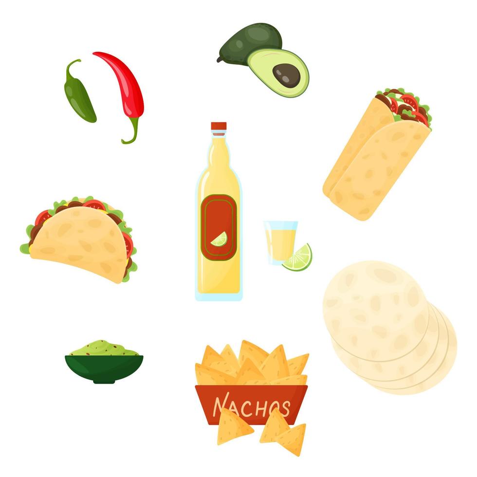 ensemble de cuisine mexicaine. illustration vectorielle de la cuisine mexicaine. burrito taco nachos tortilla guacamole tequila avocat piment jalapeno isolé sur fond blanc vecteur