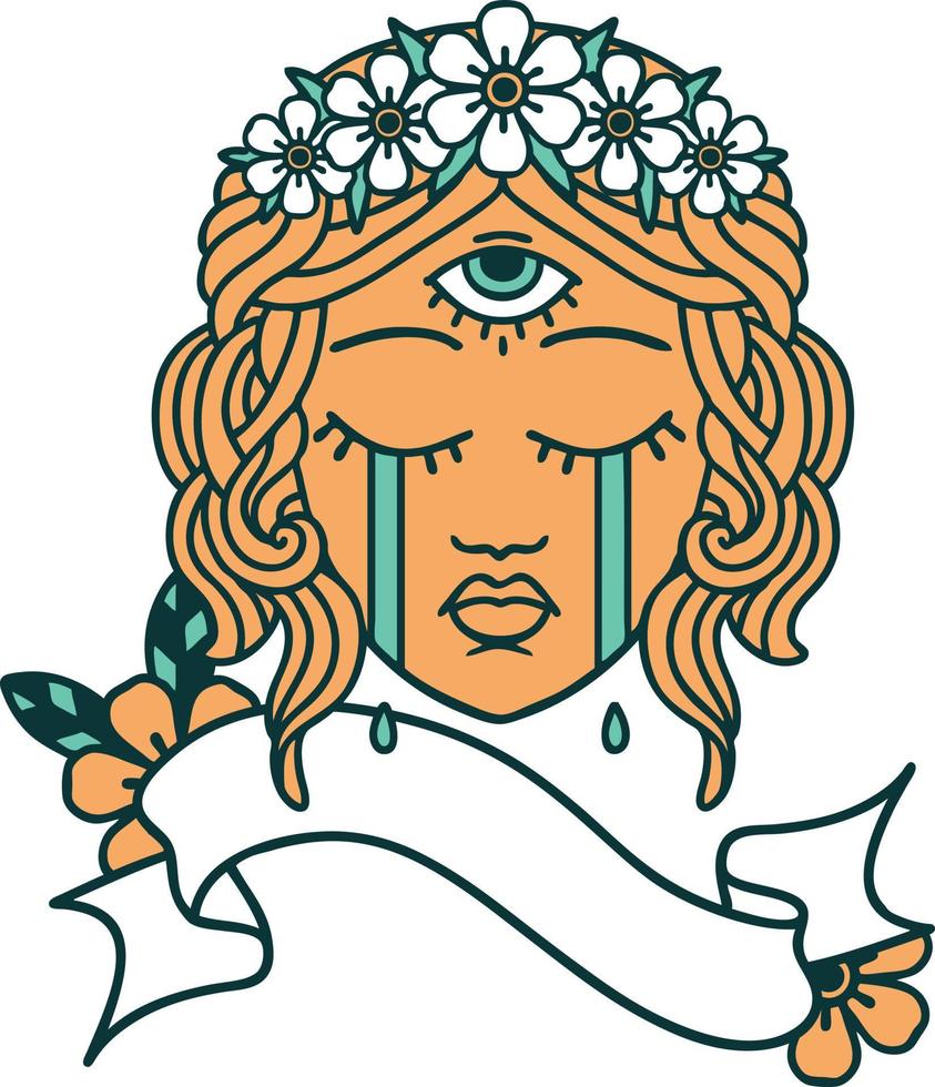 tatouage traditionnel avec bannière de visage féminin avec troisième œil mystique pleurant vecteur