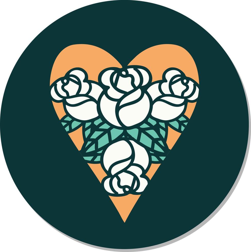 autocollant de tatouage dans le style traditionnel d'un coeur et de fleurs vecteur