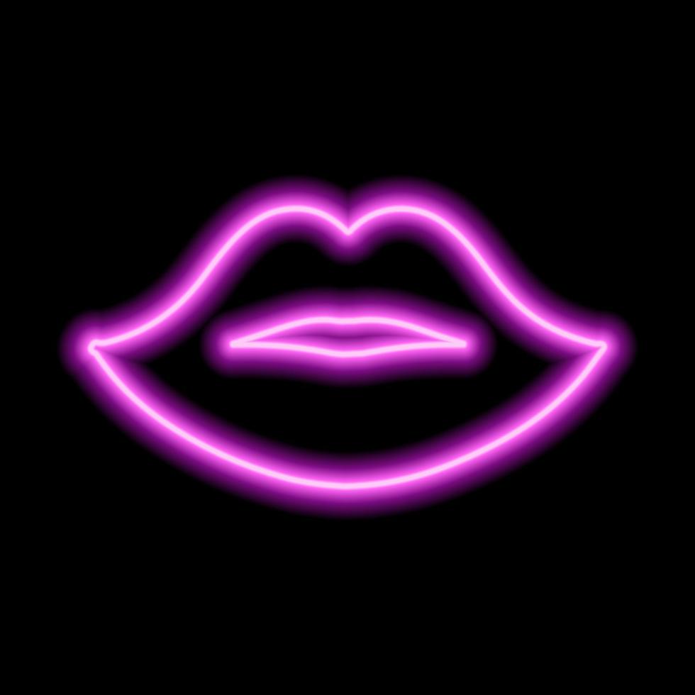 lèvres néon rose sur fond noir. le contour des lèvres des femmes. embrasser vecteur