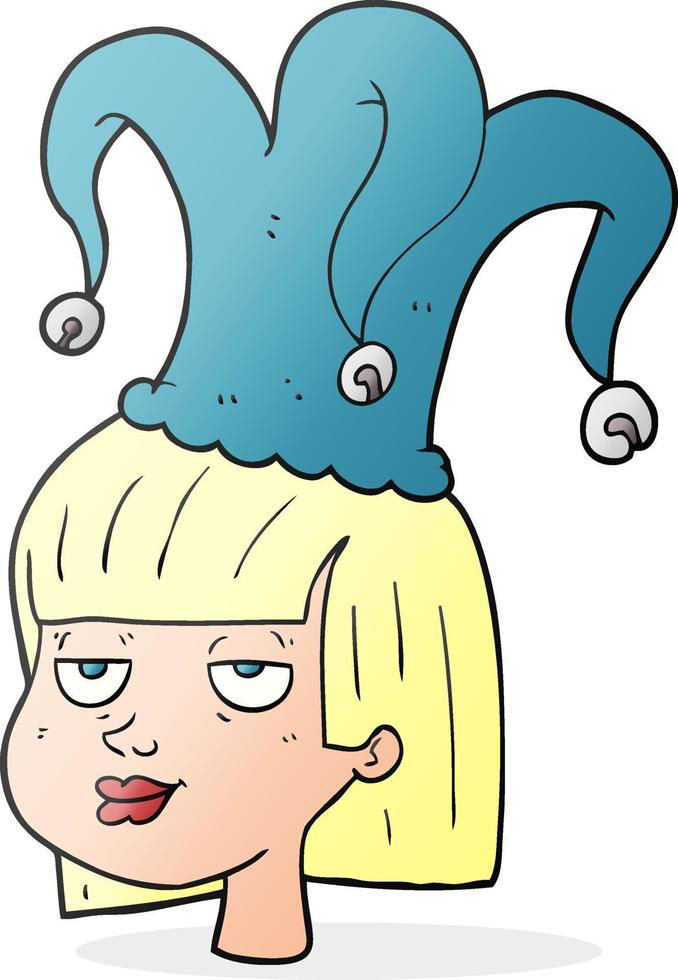 Visage de femme caricature dessinée à main levée avec chapeau de bouffon vecteur