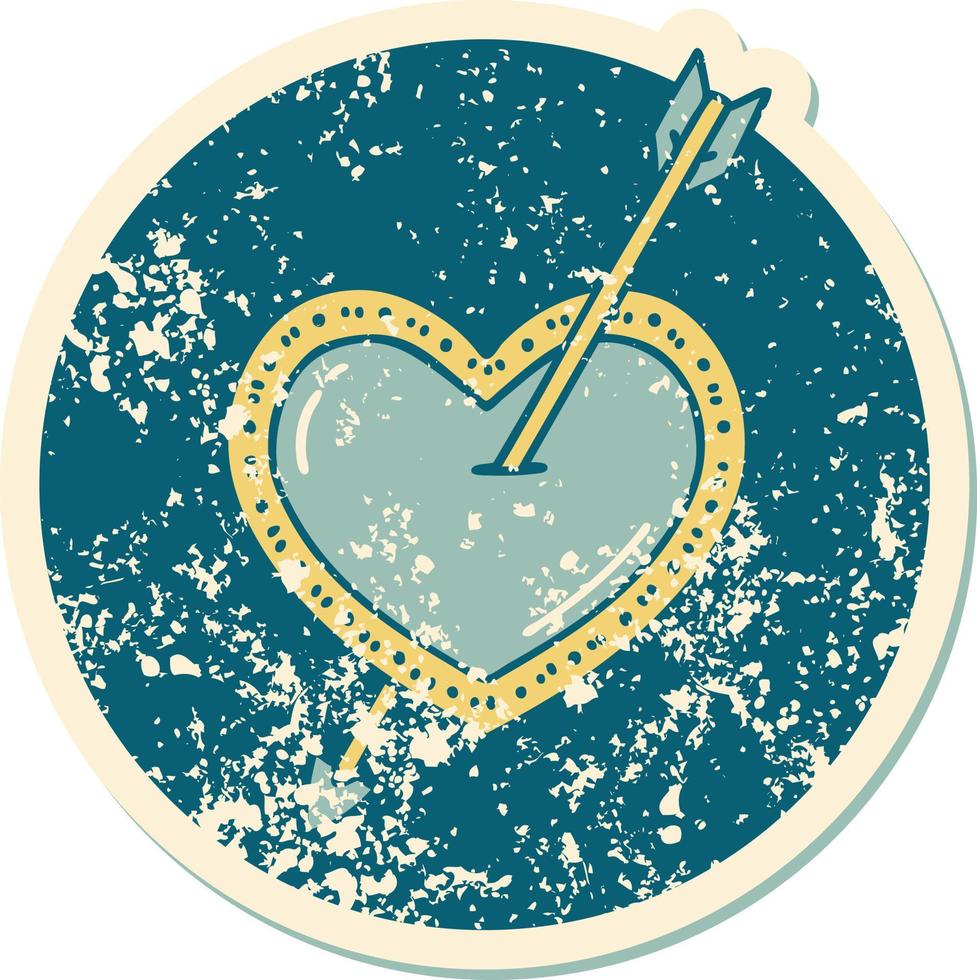image emblématique de style tatouage d'autocollant en détresse d'une flèche et d'un coeur vecteur