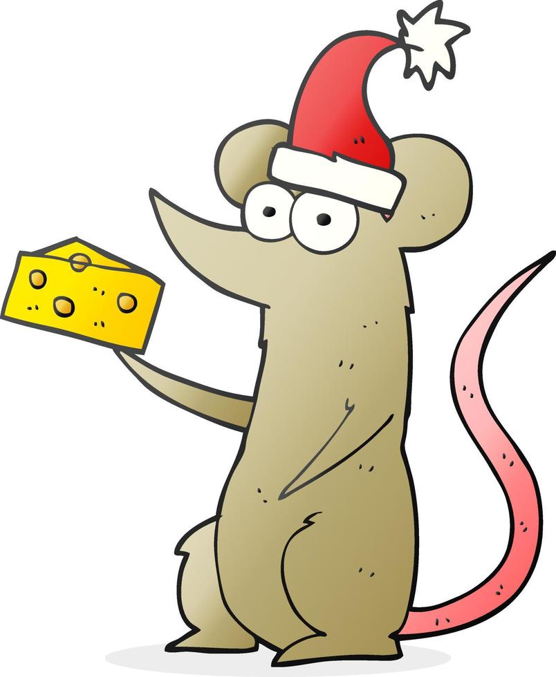 Souris de Noël caricature dessinée à main levée avec du fromage vecteur