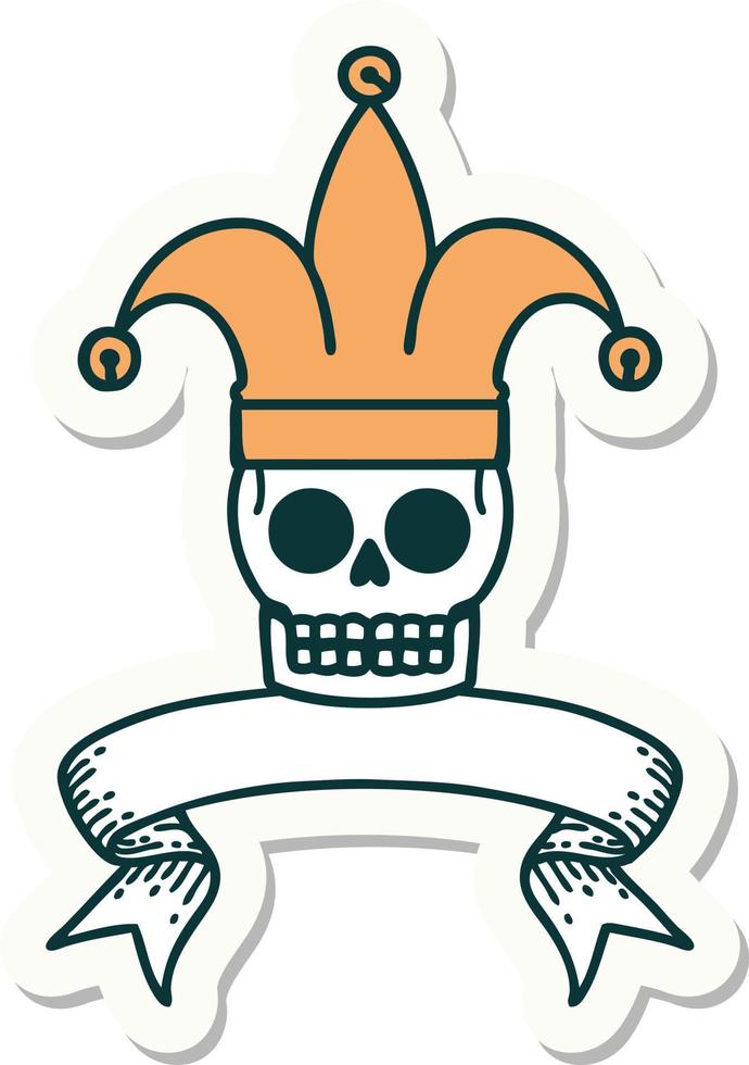 autocollant de style tatouage avec bannière d'un bouffon du crâne vecteur