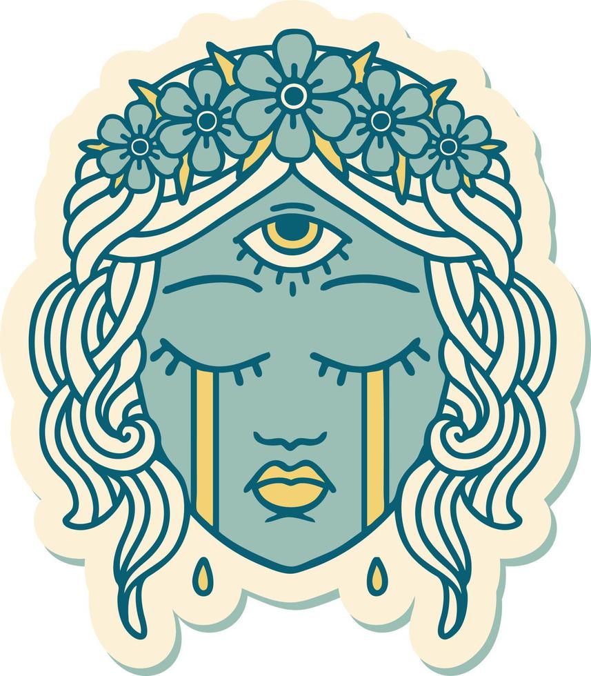 autocollant de tatouage dans le style traditionnel du visage féminin avec le troisième oeil mystique qui pleure vecteur