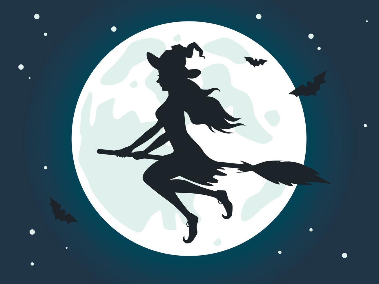 la sorcière vole sur un balai dans le ciel nocturne avec la pleine lune. fille en costume d'halloween avec chapeau de sorcière. une silhouette de belle jeune sorcière sur un balai en l'air vecteur