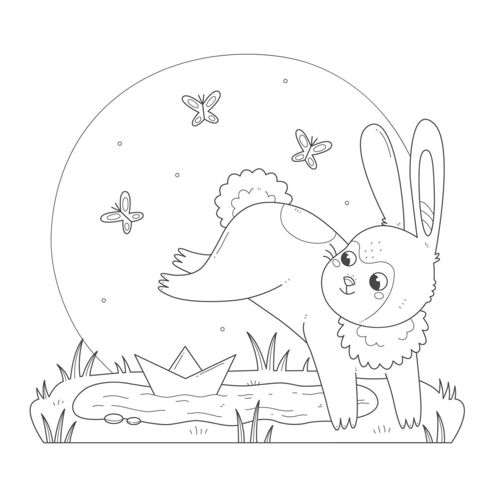 un lapin heureux joue avec un bateau en papier coloriage pour enfants. le personnage de lapin saute à travers un livre de coloriage de flaque. illustration vectorielle de printemps noir et blanc. vecteur