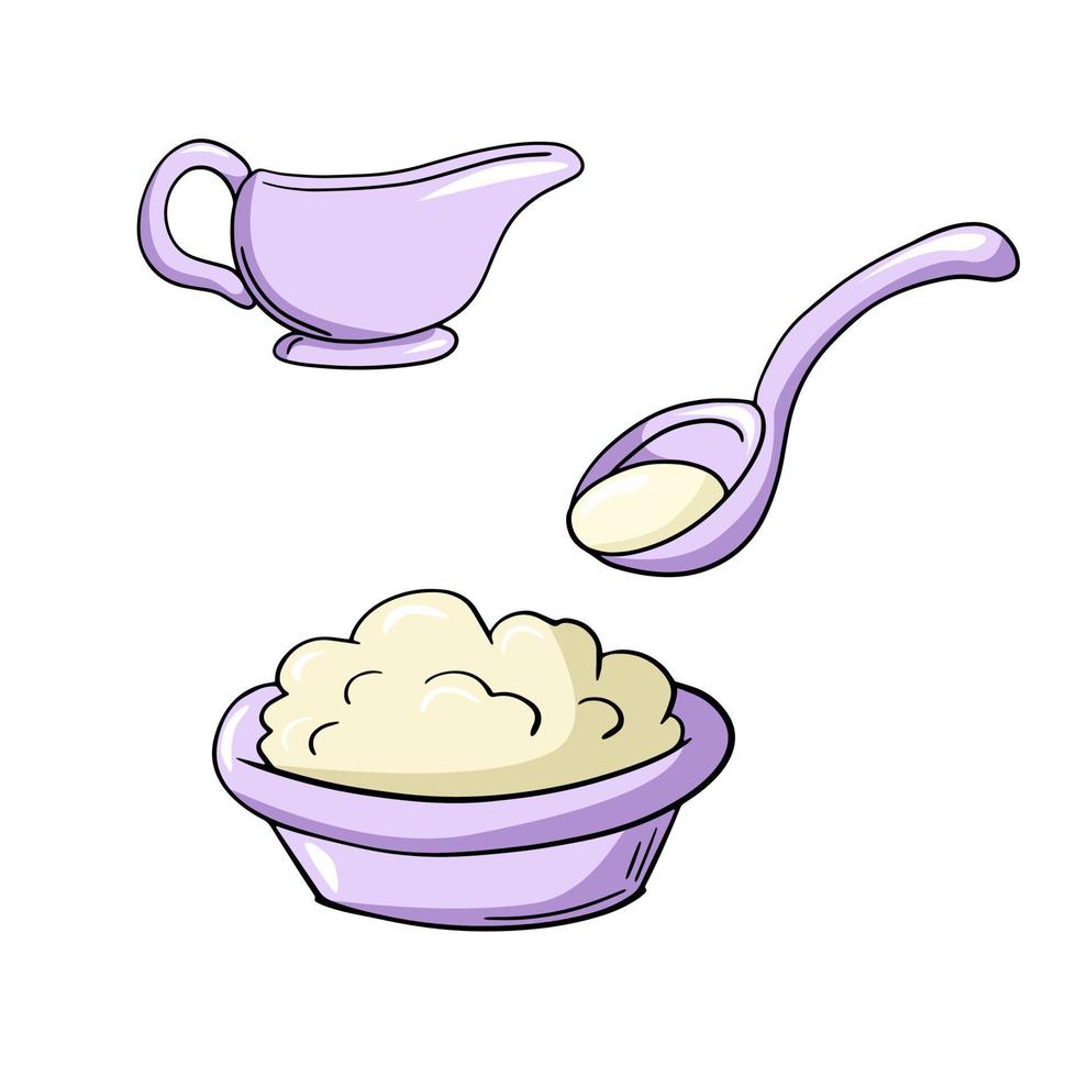 un ensemble d'icônes colorées, une assiette en céramique violette avec du fromage cottage, une cuillère à la crème sure, une illustration vectorielle en style cartoon sur fond blanc vecteur
