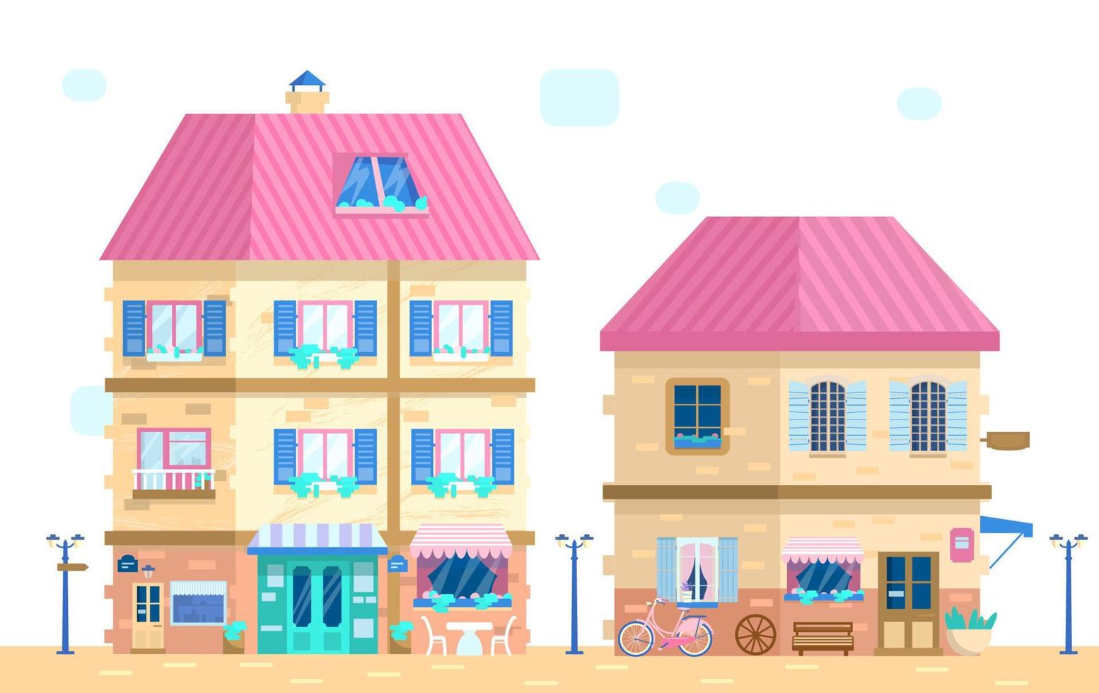 illustration vectorielle de jolie rue européenne dans un style plat. maisons aux fenêtres à volets avec fleurs et différents éléments de décoration. vecteur