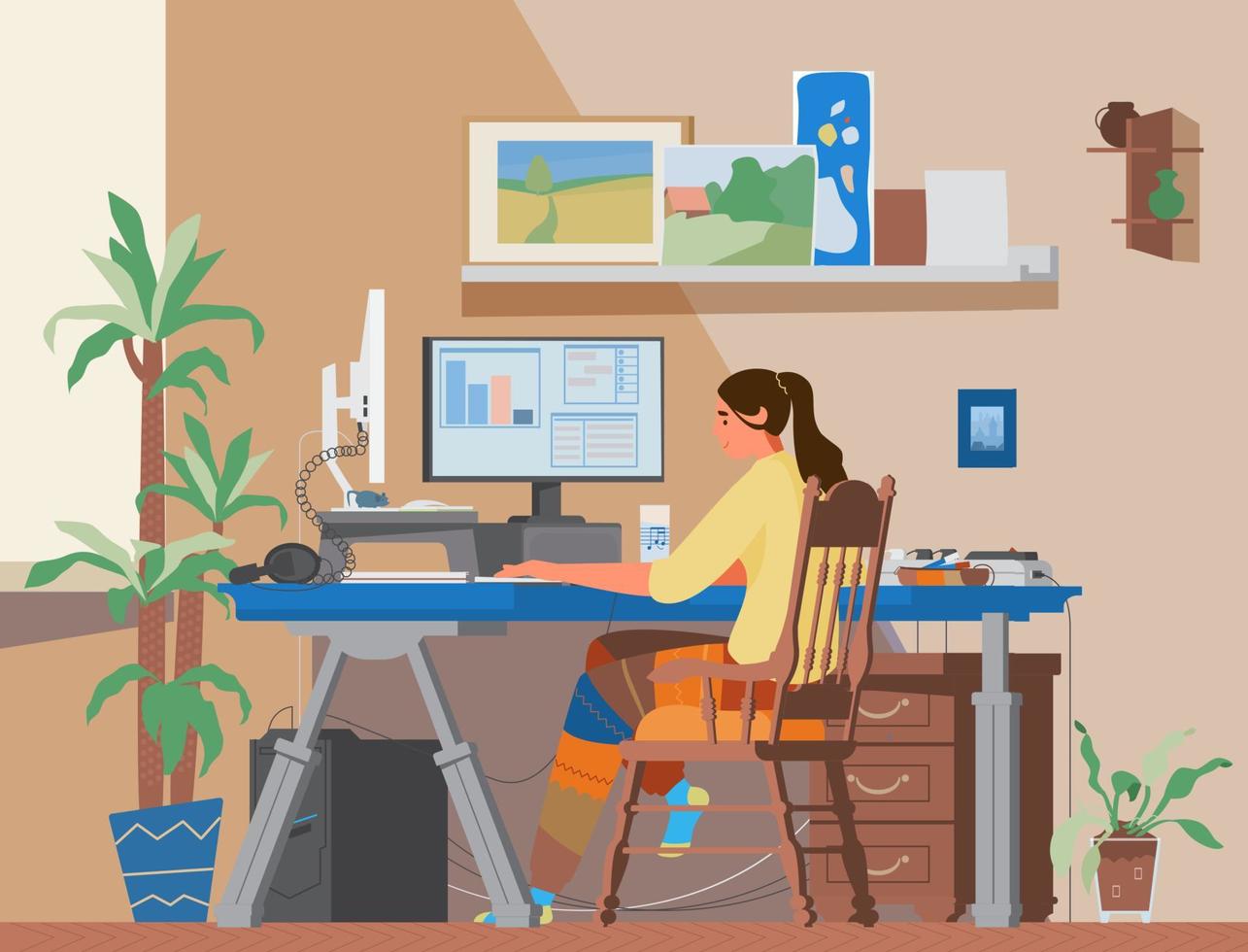 illustration vectorielle plane femme pigiste au travail à distance sur le lieu de travail du bureau à domicile. fille travaillant ou étudiant à l'ordinateur à la maison. lieu de travail créatif. vecteur