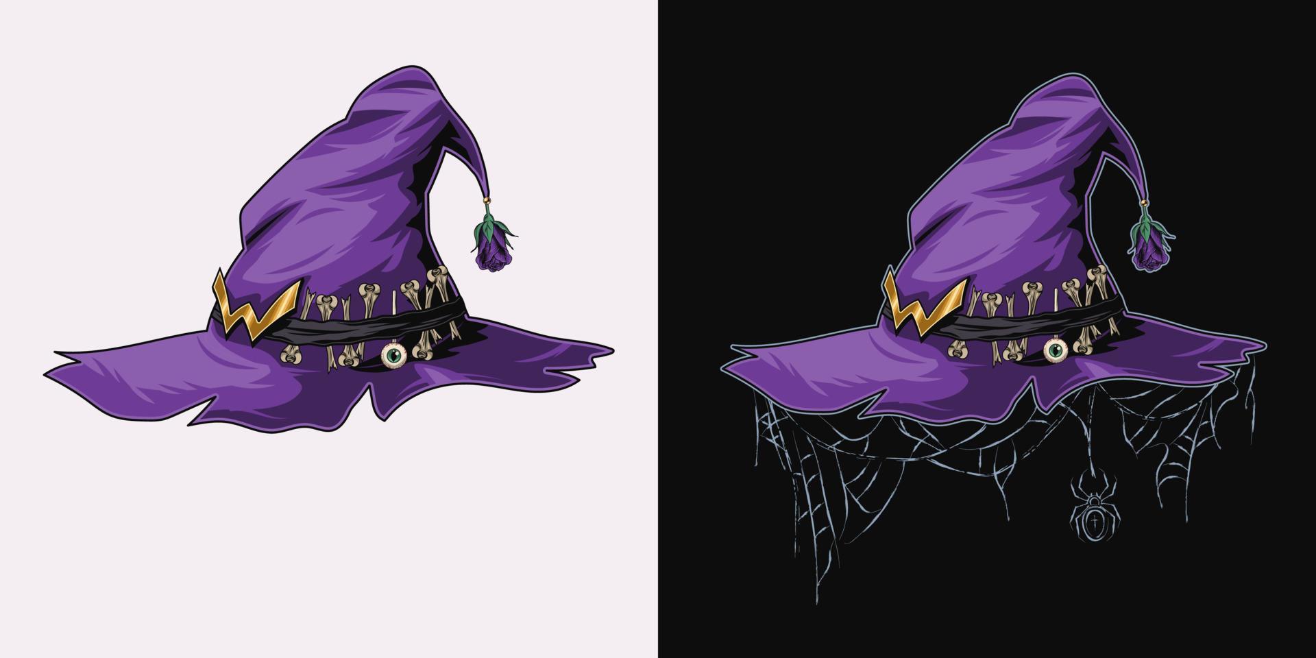 chapeau de sorcière pointu violet avec boucle dorée en forme de w, os, œil sur bâton derrière un ruban sur un chapeau, rose, toile d'araignée suspendue comme un voile. décor traditionnel d'halloween. illustration vectorielle. vecteur