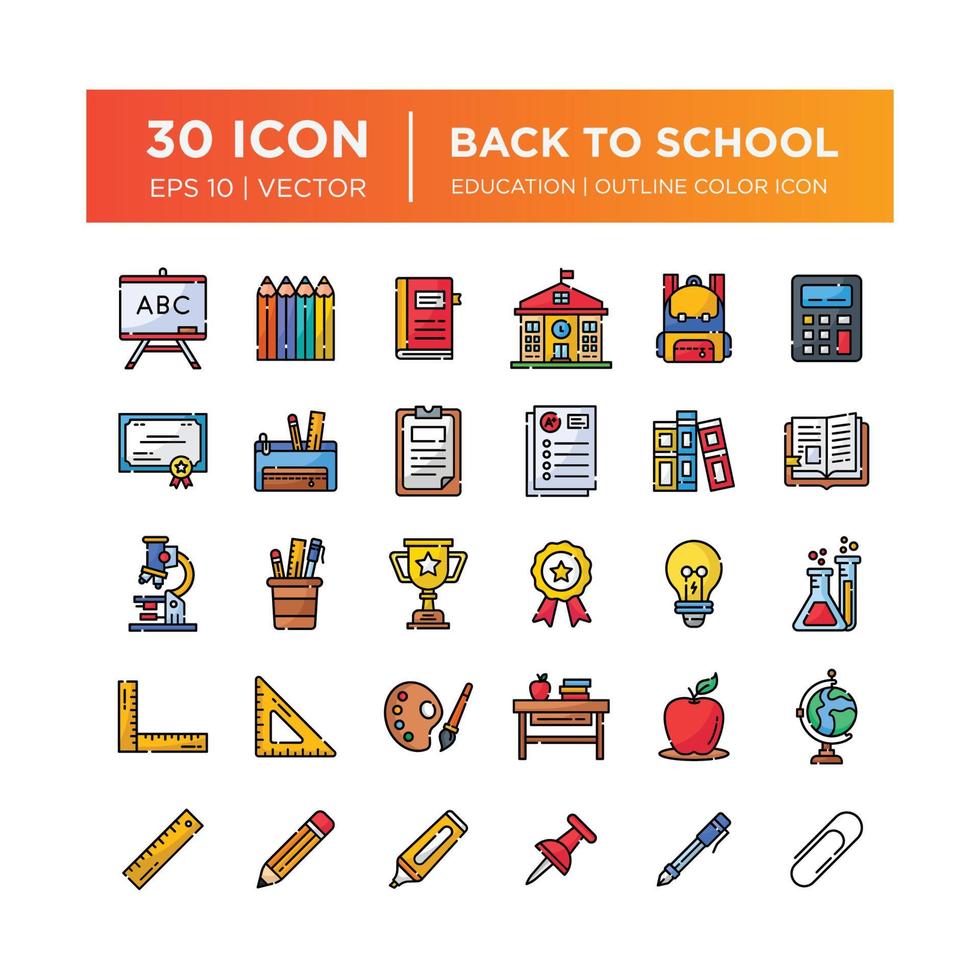 ensemble d'icônes de couleur de contour sur la rentrée scolaire. contient des icônes telles que l'éducation, le succès, les matières académiques et plus encore. vecteur modifiable