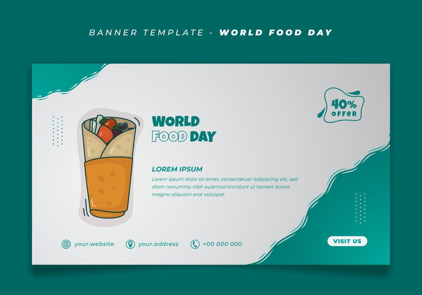 modèle de bannière sur fond blanc vert et nourriture kebab pour la conception de la journée mondiale de l'alimentation vecteur