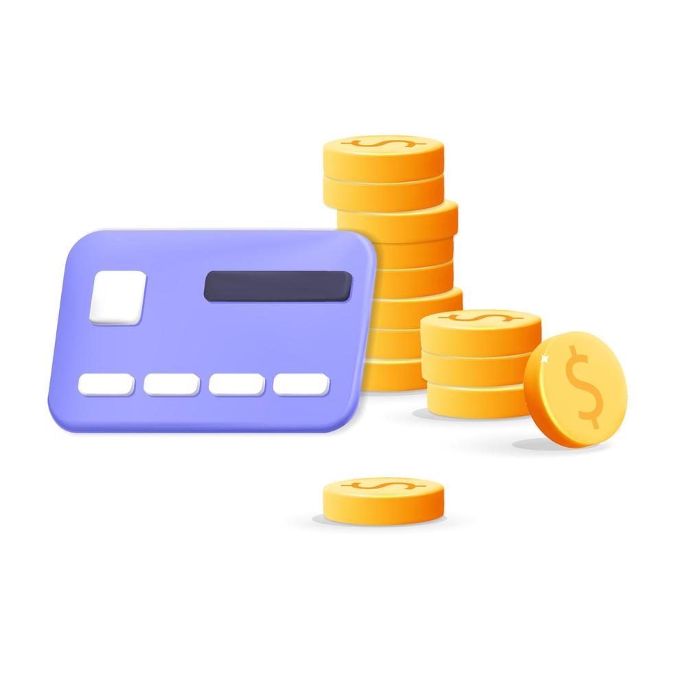 vecteur 3d rendre les cartes de crédit d'achat en ligne et empiler la bannière de pièces d'un dollar