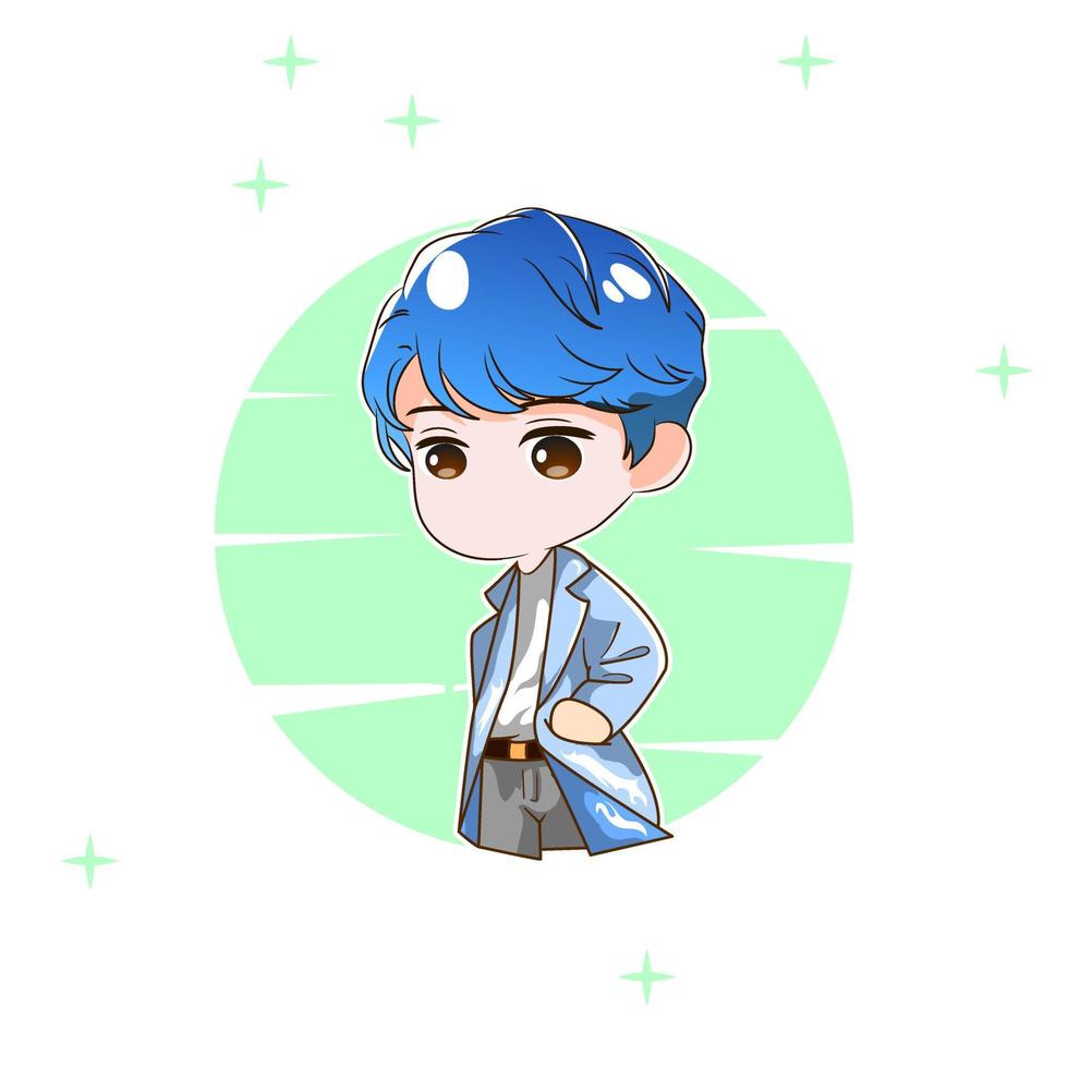 vecteur premium l chibi dessin animé mignon anime avec des cheveux bleus costum design style coréen. façon médecin.
