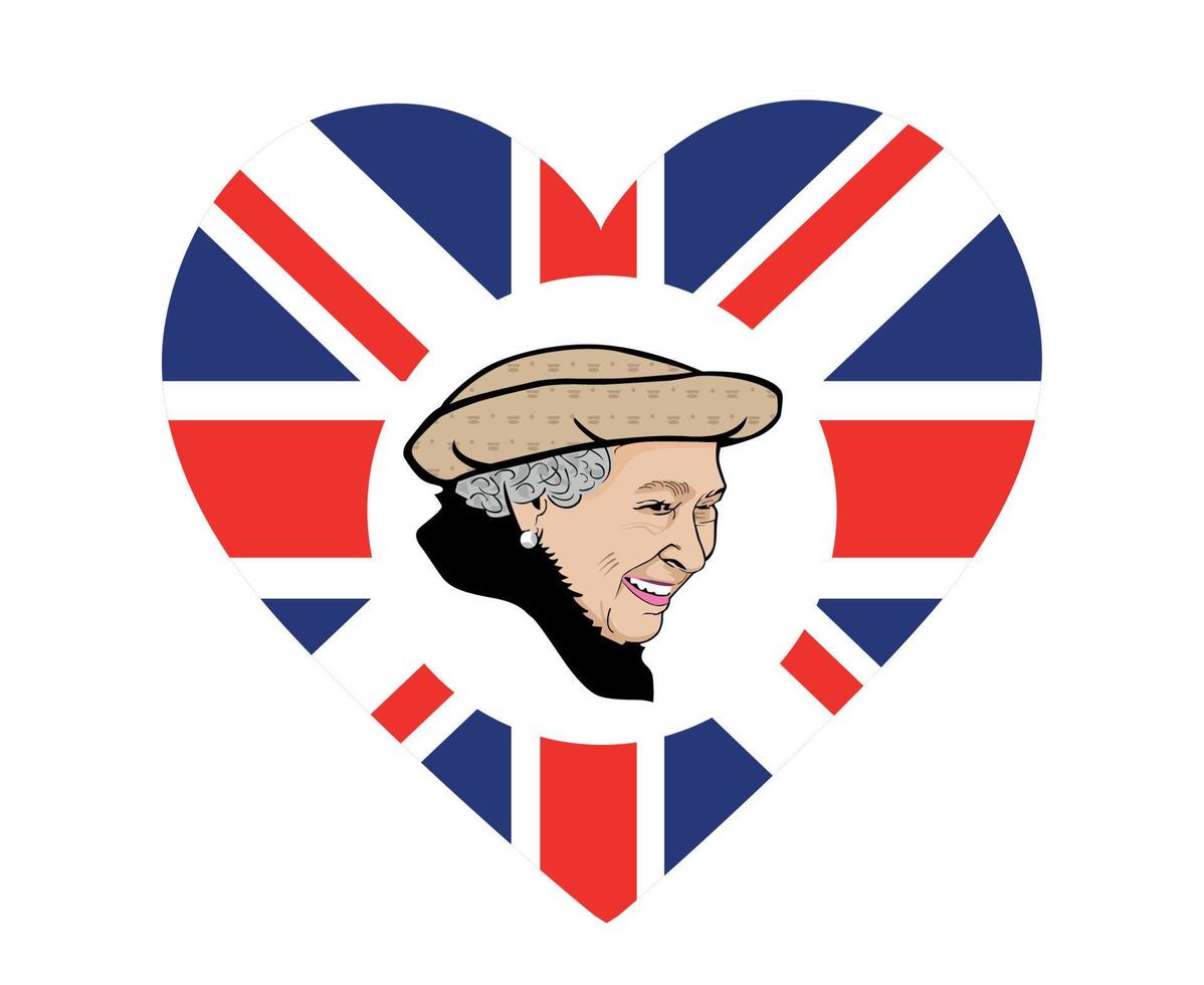 portrait de visage de la reine elizabeth avec drapeau du royaume uni britannique coeur emblème de leurope nationale icône illustration vectorielle élément de conception abstraite vecteur