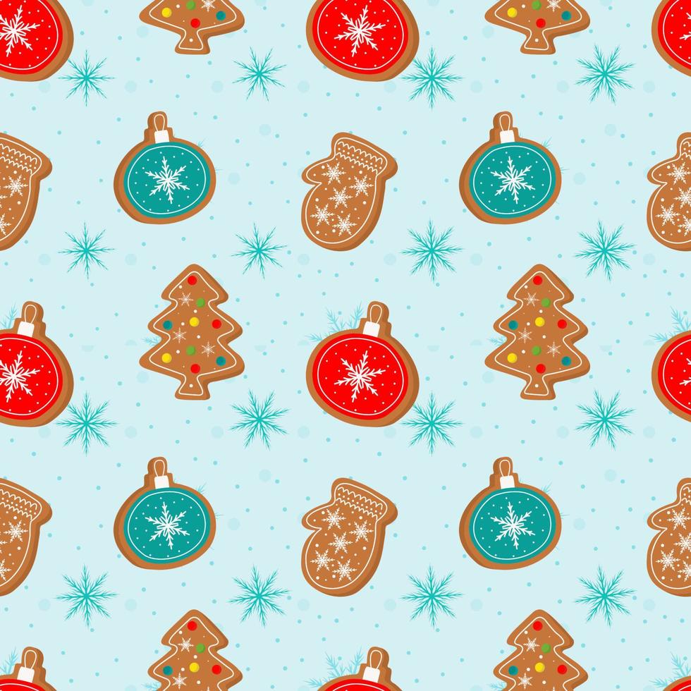 modèle sans couture de vecteur avec pain d'épice et biscuits sur fond bleu. modèle de Noël d'hiver. symboles d'une bonne année et de noël. décorations pour la maison, papier cadeau, couvertures, tissus.