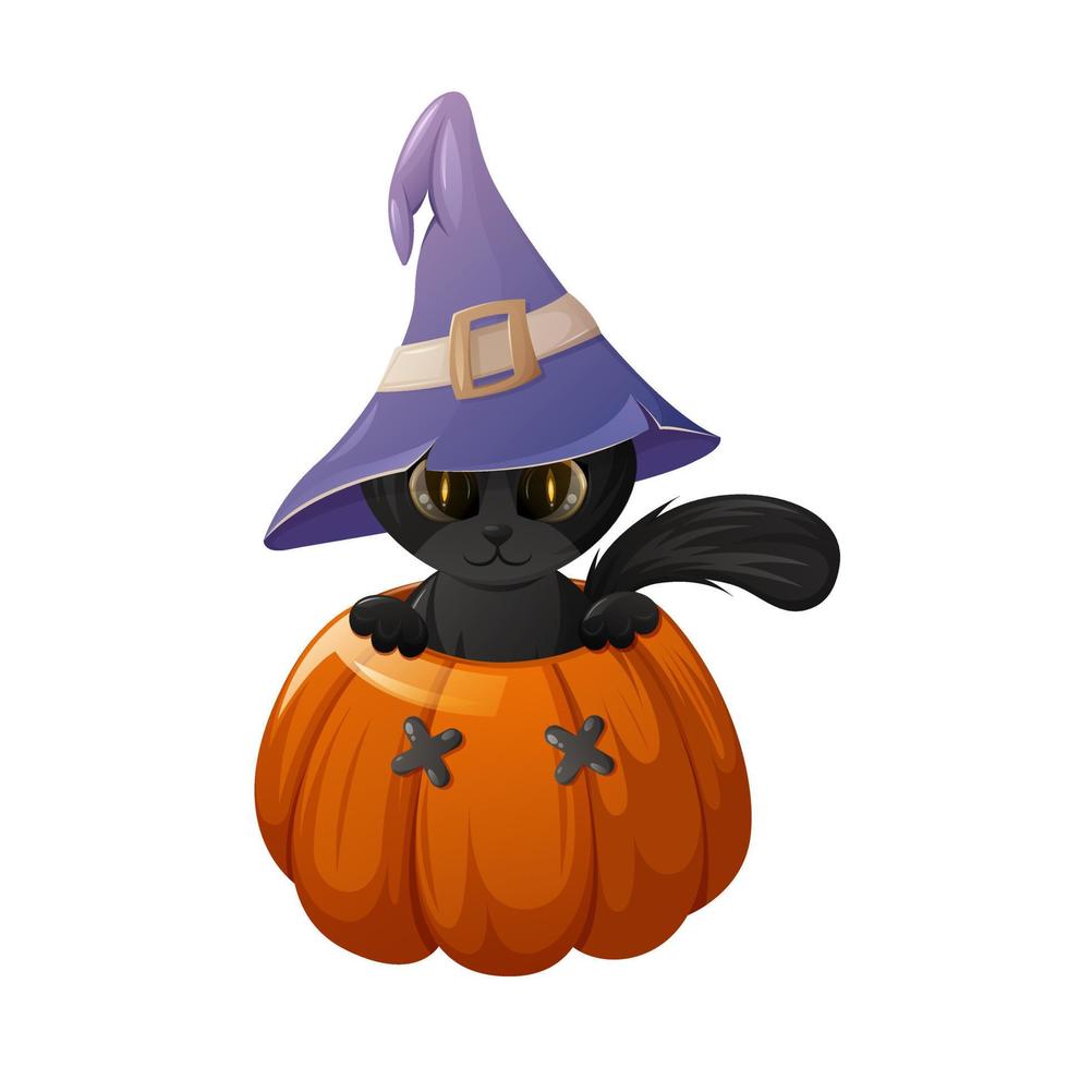 un joli chat noir dans un chapeau de sorcellerie est à l'intérieur d'une citrouille. illustration de vecteur de dessin animé pour halloween