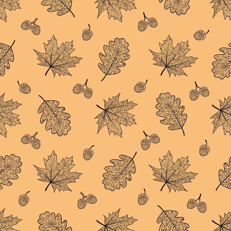 modèle sans couture avec des feuilles et des glands de chêne et d'érable. feuilles avec un bel ornement. fond isolé de vecteur. texture pour textiles ou papier d'emballage, papier peint, motif d'automne. vecteur