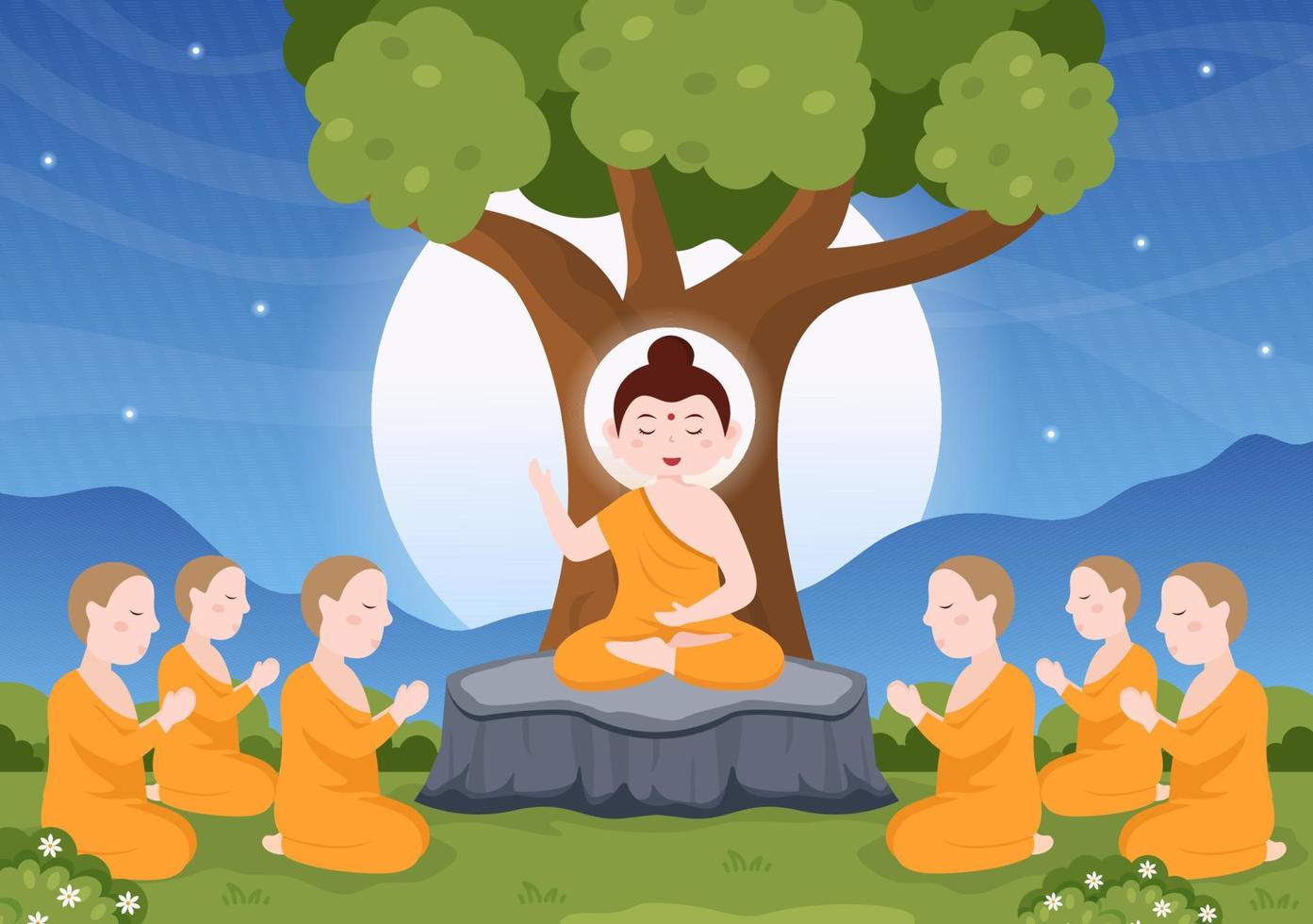 modèle de jour heureux makha bucha illustration plate de dessin animé dessiné à la main bouddha assis dans une fleur de lotus sous l'arbre bodhi la nuit entouré de moine vecteur