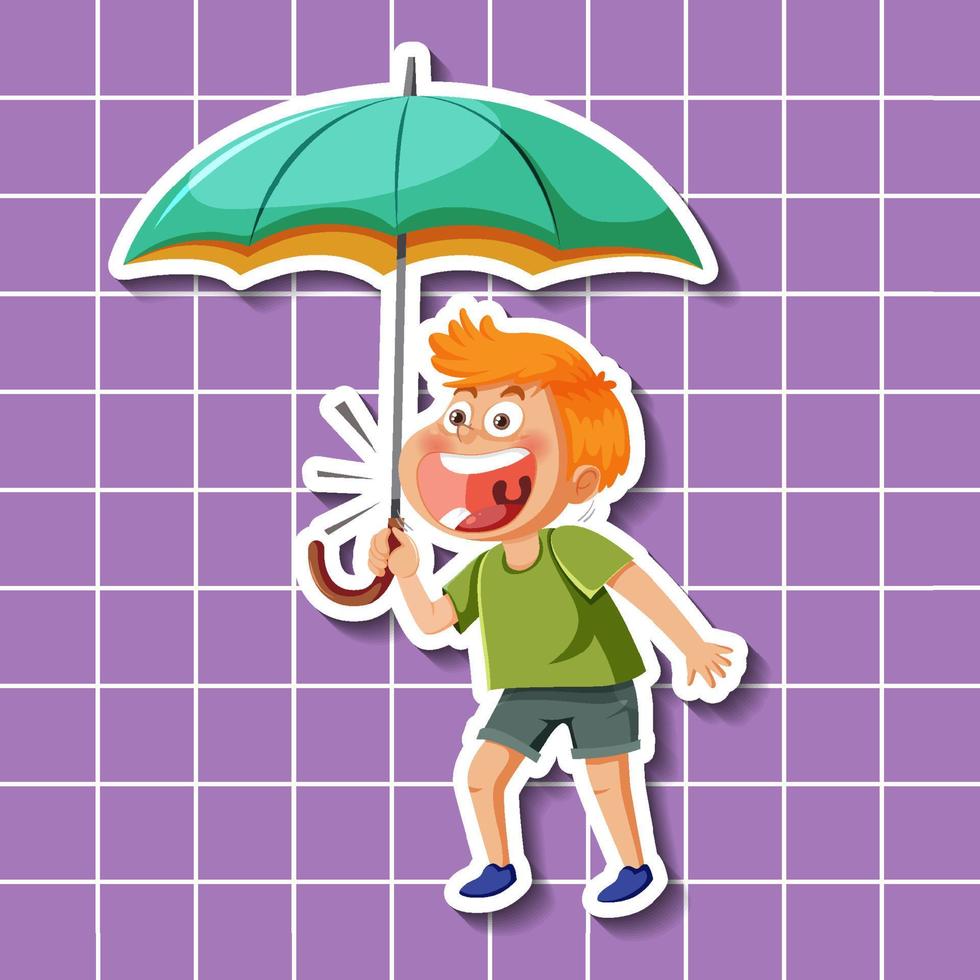 personnage de dessin animé mignon garçon tenant style autocollant parapluie vecteur