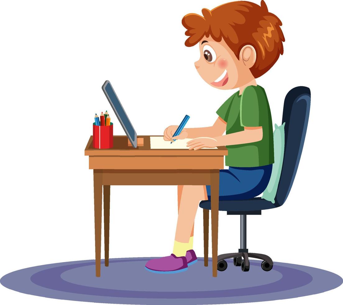 un garçon étudie en ligne avec une tablette vecteur