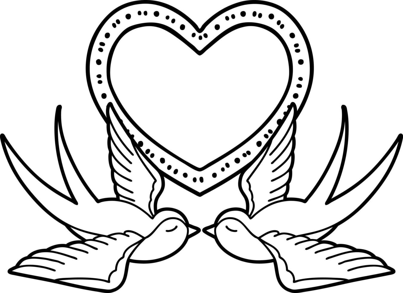 tatouage dans le style de ligne noire d'hirondelles et d'un coeur vecteur