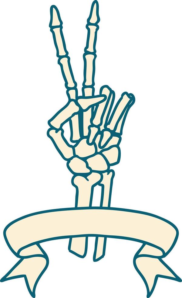 tatouage traditionnel avec bannière d'un squelette donnant un signe de paix vecteur