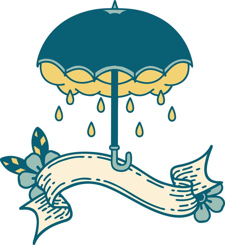 tatouage traditionnel avec bannière d'un parapluie et d'un nuage d'orage vecteur