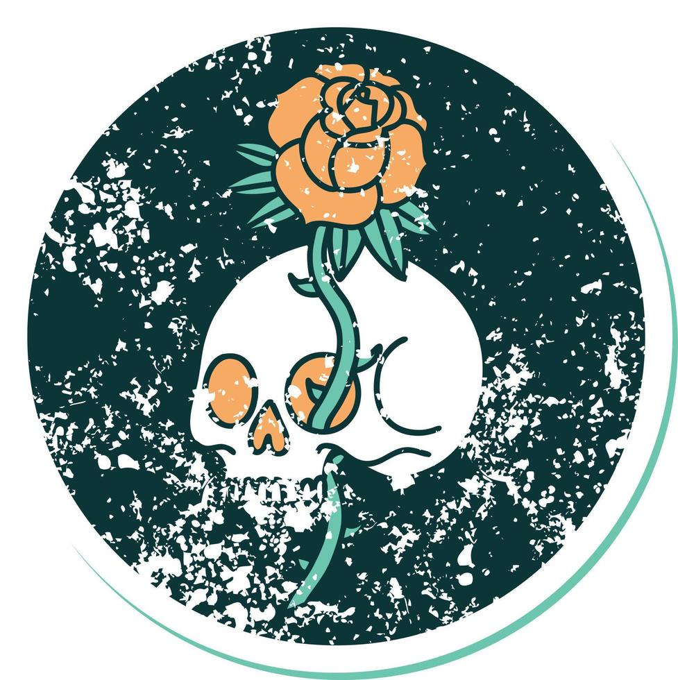 image emblématique de style tatouage d'autocollant en détresse d'un crâne et d'une rose vecteur