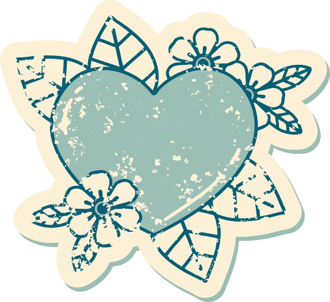 image emblématique de style tatouage d'autocollant en détresse d'un coeur botanique vecteur