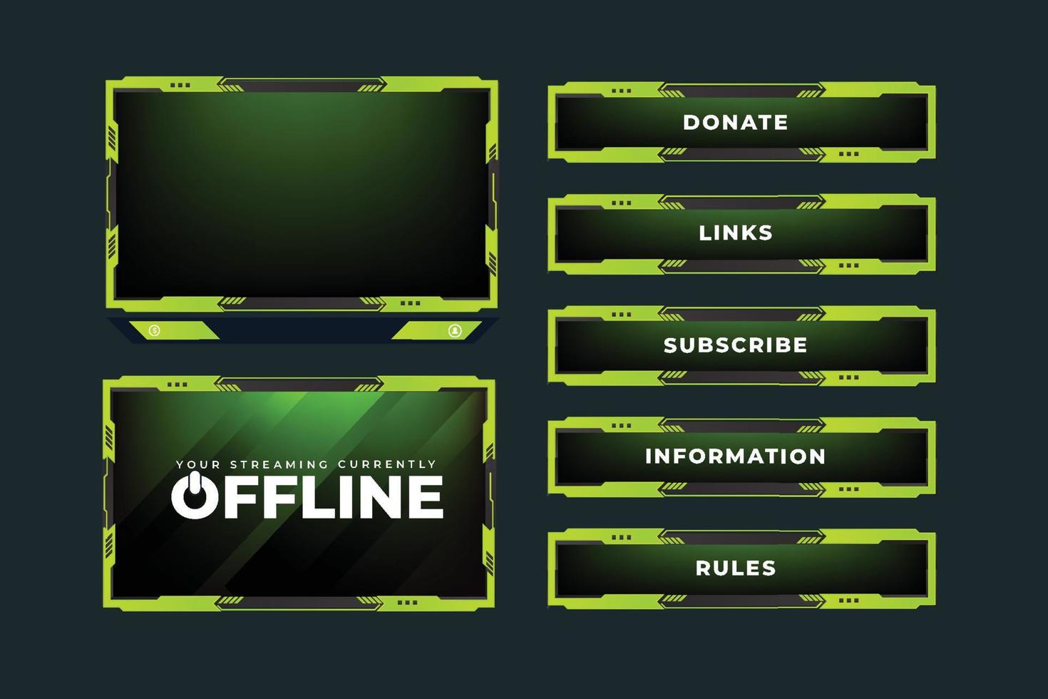 vecteur de panneau d'écran de diffusion en direct avec la couleur verte. décoration de cadre de jeu en ligne avec boutons. vecteur de superposition de diffusion en direct avec écran hors ligne. conception de bordure d'écran futuriste pour les joueurs en ligne.